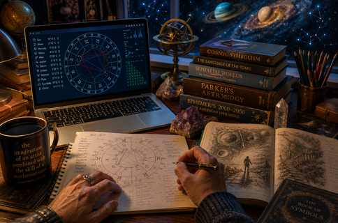 AI and astrology: Astrologer studying a birth chart at a desk surrounded by astrology books, planetary imagery and digital chart technology.