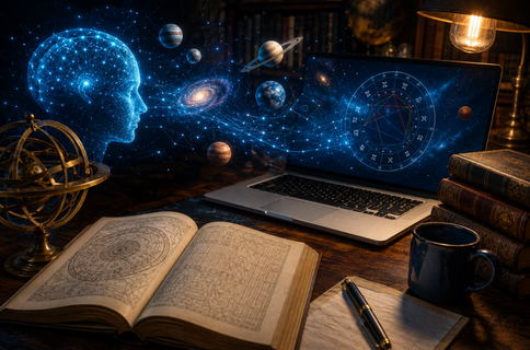 Glowing artificial intelligence figure analysing a digital birth chart beside traditional astrology books and astronomical instruments.