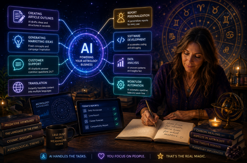 Astrologer using artificial intelligence to automate content creation, customer support, software development, translations and personalized astrology reports while focusing on clients.