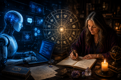 Conceptual illustration of artificial intelligence and a professional astrologer working side by side, showing how AI supports astrology while human expertise, intuition and interpretation remain irreplaceable.