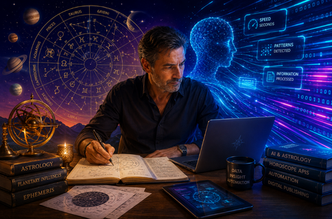 Professional astrologer working with artificial intelligence, illustrating how AI is transforming astrology while human expertise remains essential.