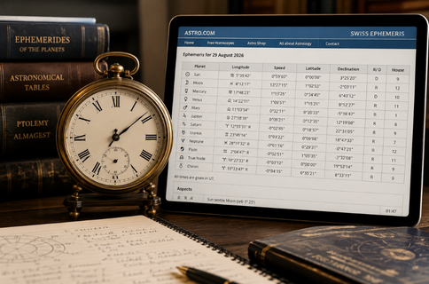Astrology prediction illustrated by a traditional clock beside a digital ephemeris showing planetary positions and astronomical data.