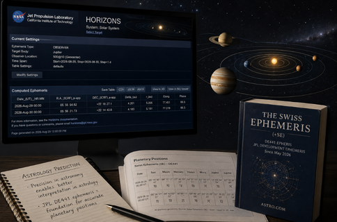 Astrology prediction supported by NASA JPL planetary data and the Swiss Ephemeris, showing precisely calculated planetary positions.