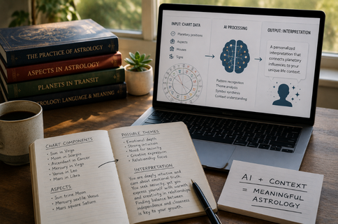 Astrology prediction using AI to analyze birth chart data, planetary positions and aspects before generating a personalized astrological interpretation.