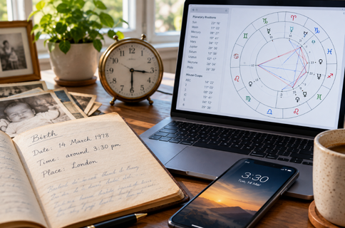 Accurate birth time compared with an approximate handwritten birth record beside a modern digital astrology chart.