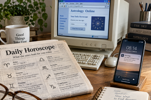 Daily astrology evolving from newspaper horoscopes to online forecasts and personalized smartphone notifications.