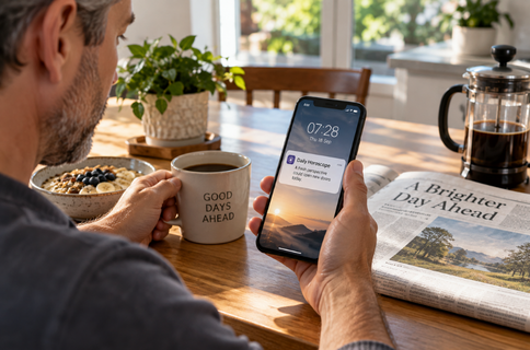 Daily astrology notification viewed on a smartphone during a morning coffee at the kitchen table.