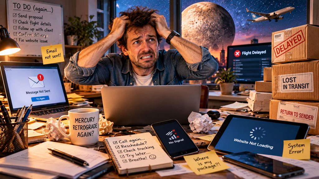 Mercury retrograde chaos: frustrated man at his desk surrounded by failed technology, unsent emails, delayed parcels and travel disruptions.