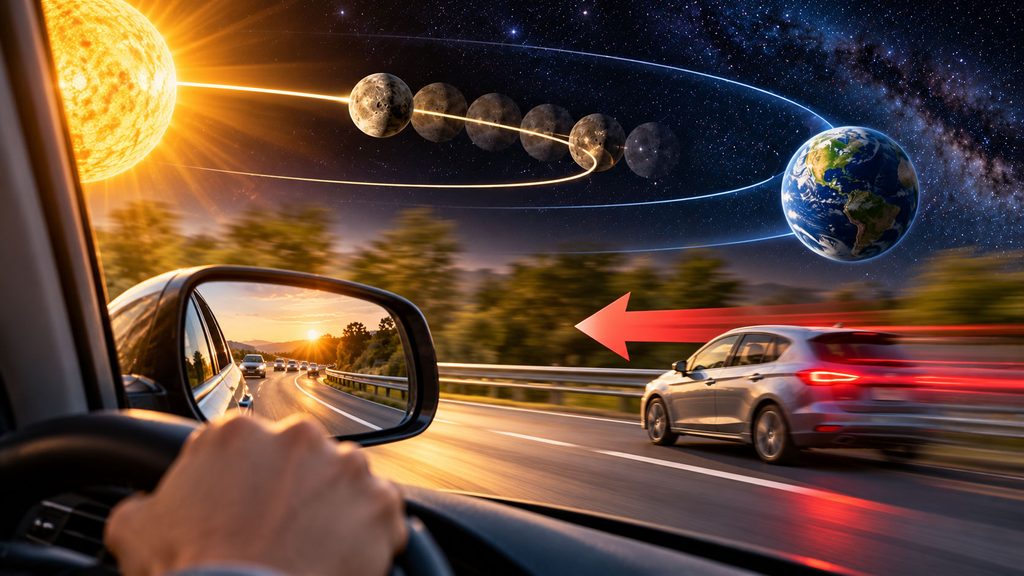 Mercury retrograde explained through a moving car analogy, with Earth, Mercury and the Sun illustrating apparent backward planetary motion.
