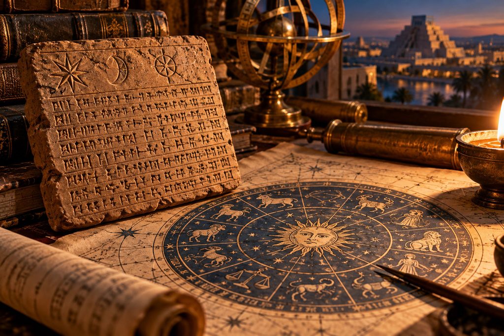 Who invented astrology? Ancient Babylonian clay tablet beside a zodiac chart, astronomical instruments and scrolls illustrating astrology's origins.