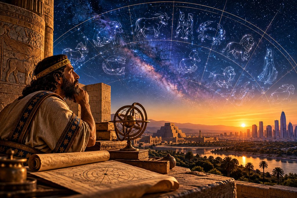Who invented astrology? Ancient Babylonian astrologer studying celestial charts beneath a star-filled sky with zodiac symbols.