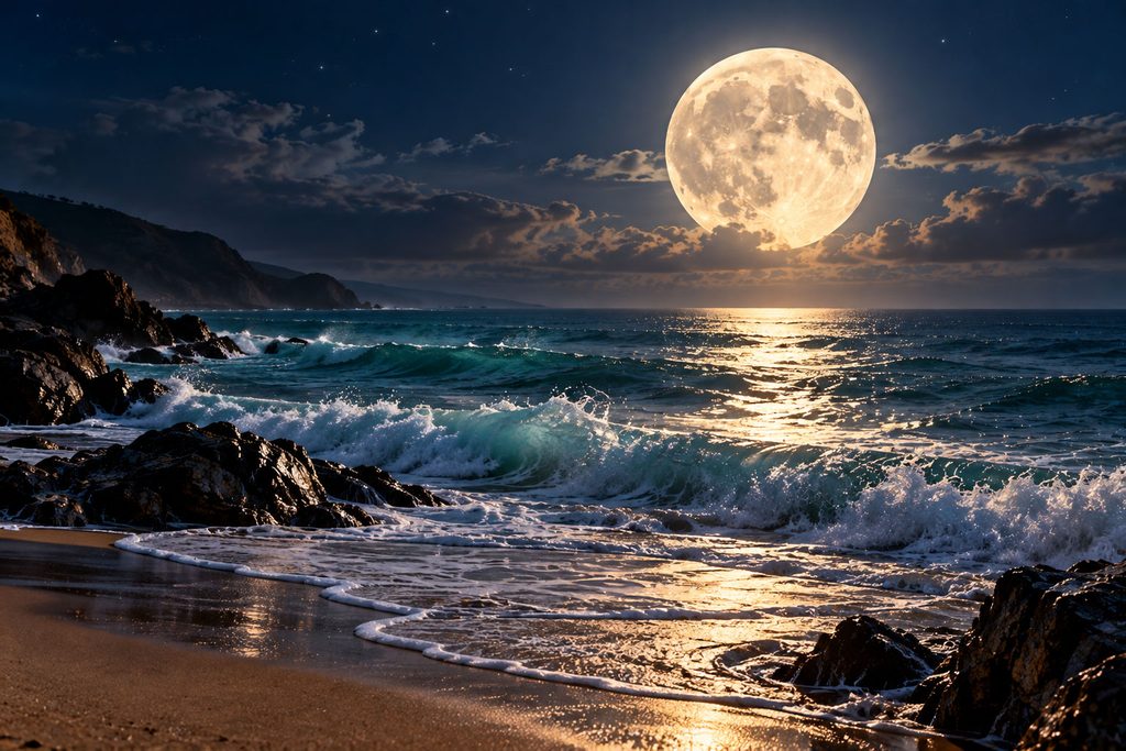 Full Moon illuminating ocean waves and a rocky coastline, illustrating the Moon's gravitational influence on Earth's tides and its connection to discussions about astrology.