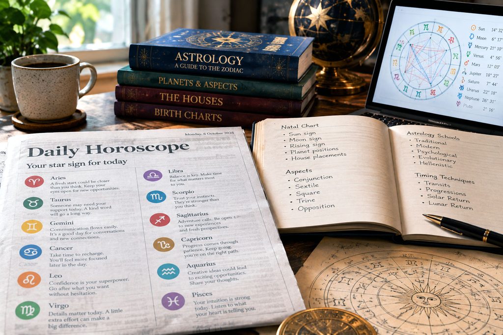 Woman reading daily horoscopes alongside a laptop displaying a personal birth chart, illustrating why people read horoscopes and the wider study of astrology.